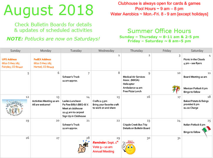 August 2018 Calendar of Events