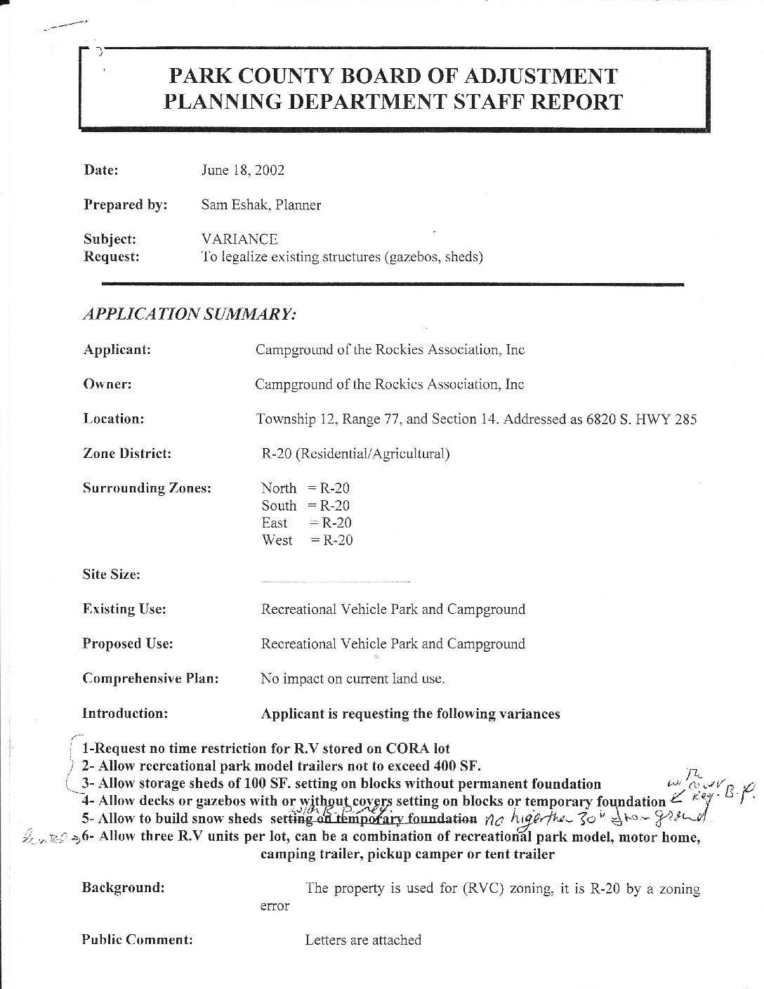 2002 Land Use Variance working copy Campground of the Rockies